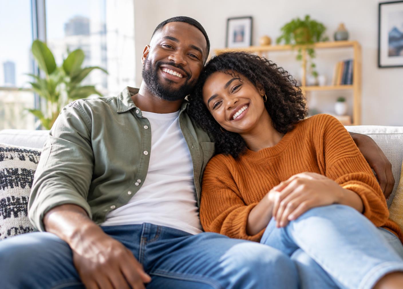 A happy Black couple smiling together on a sofa in a sunlit living room