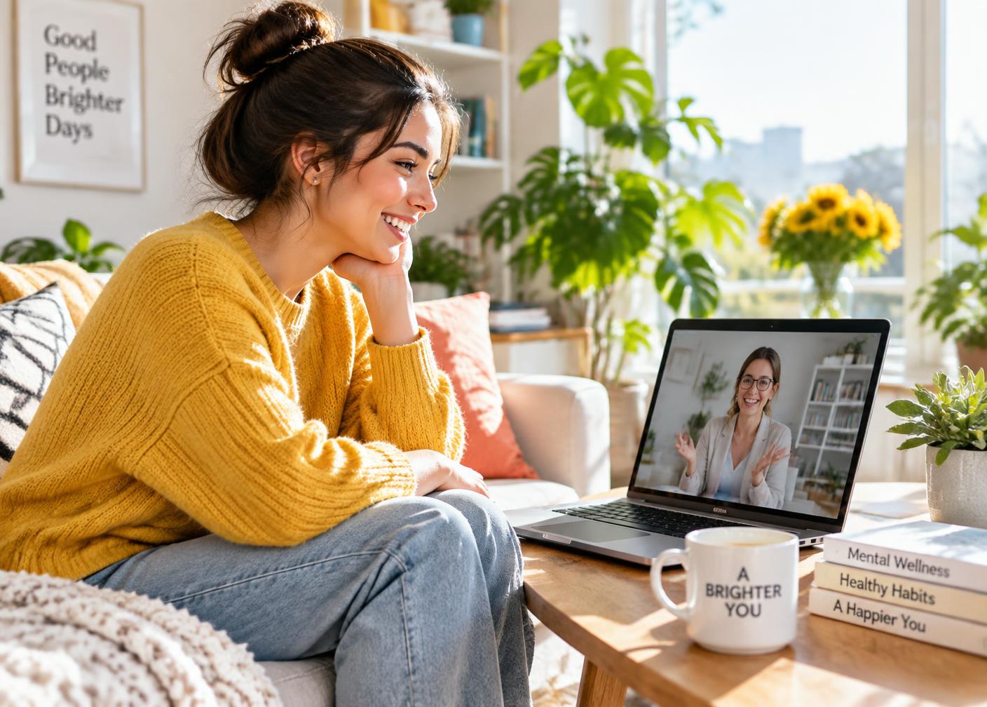 A smiling member in a sunlit living room during an online therapy session