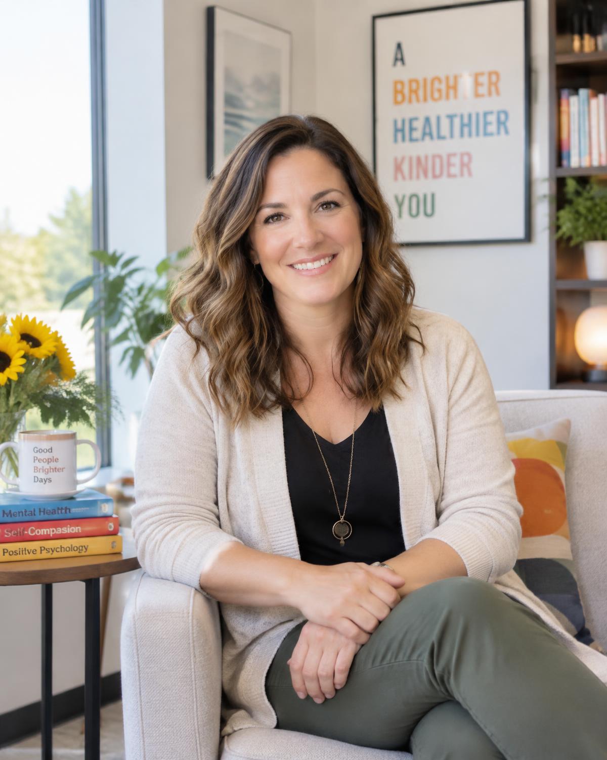 A friendly therapist smiling in a bright, colorful office