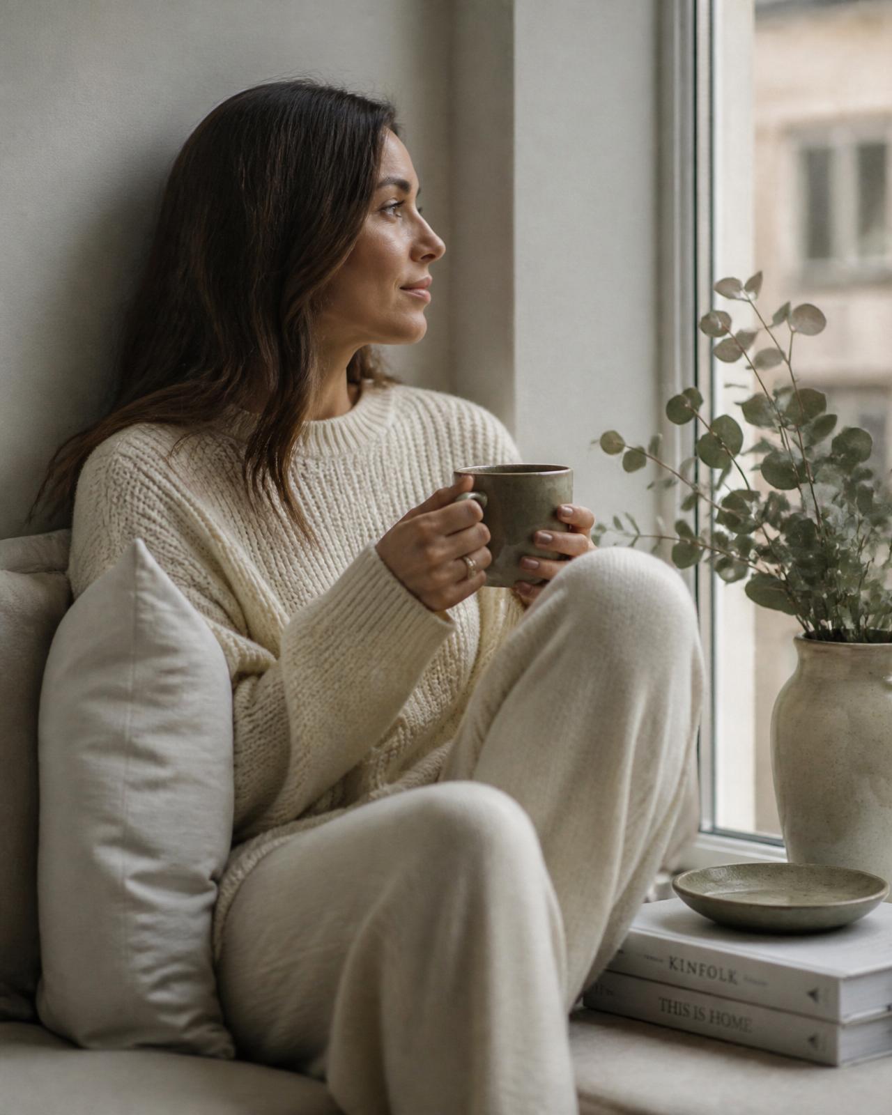 A member relaxing by a sunlit window with a warm mug